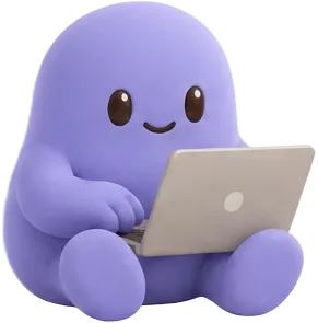 The purple mascot works on a laptop